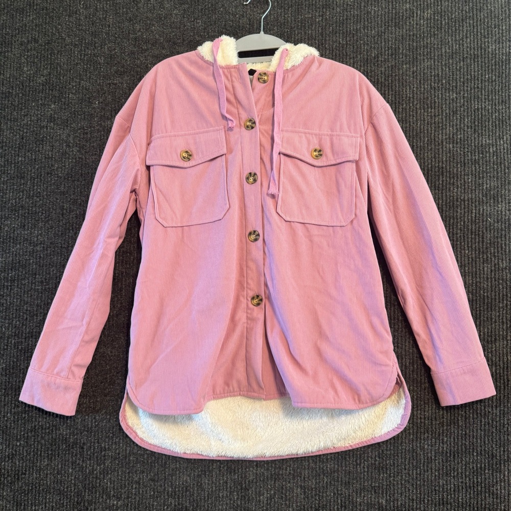 Identity Corduroy Shacket Women XS Pink Faux Fur Lined Hooded Button Front